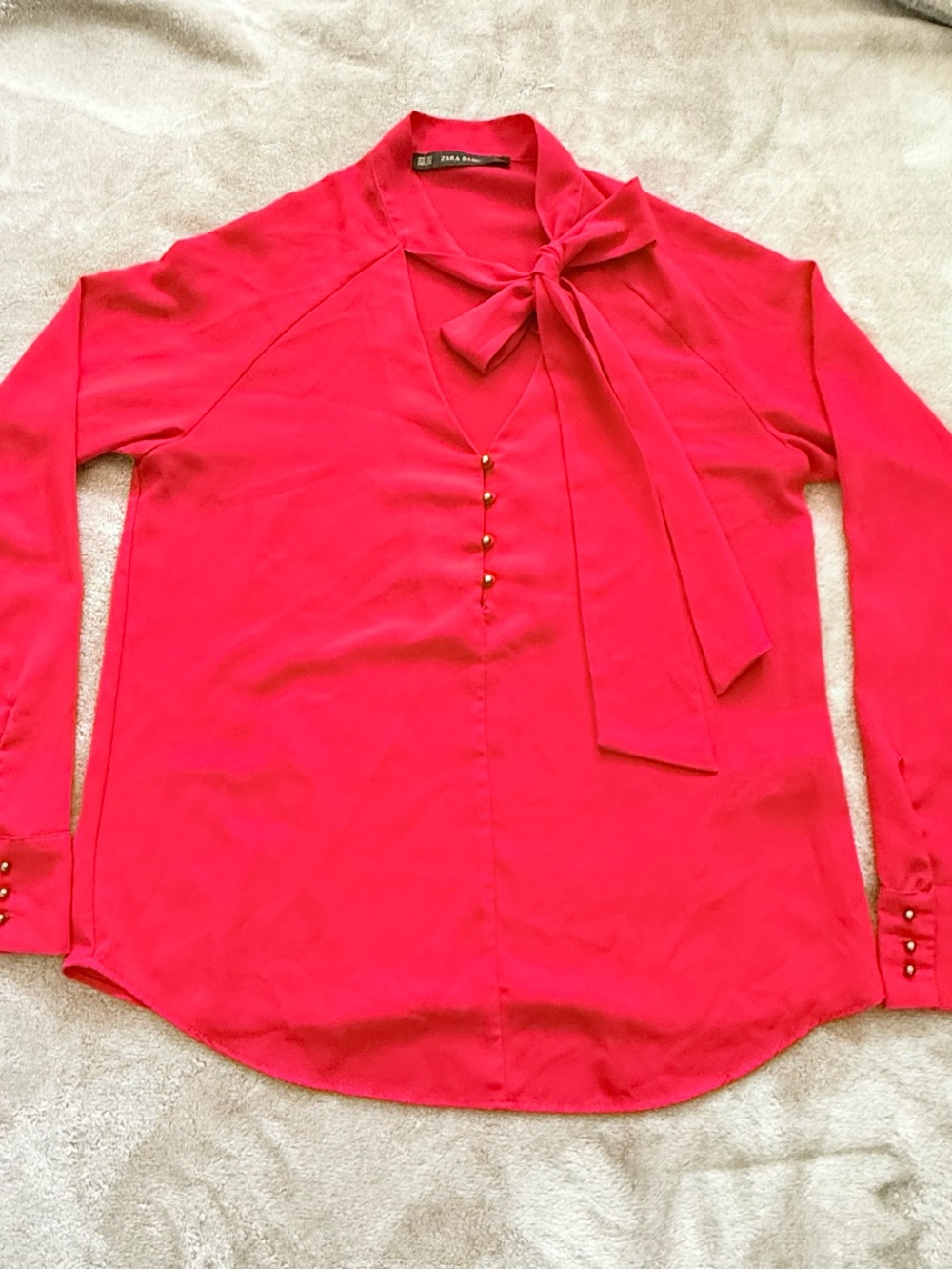 Zara‎ Women's Red Tie Neck Long Puff Sleeve Button Career Shirt Blouse Top Sz XS